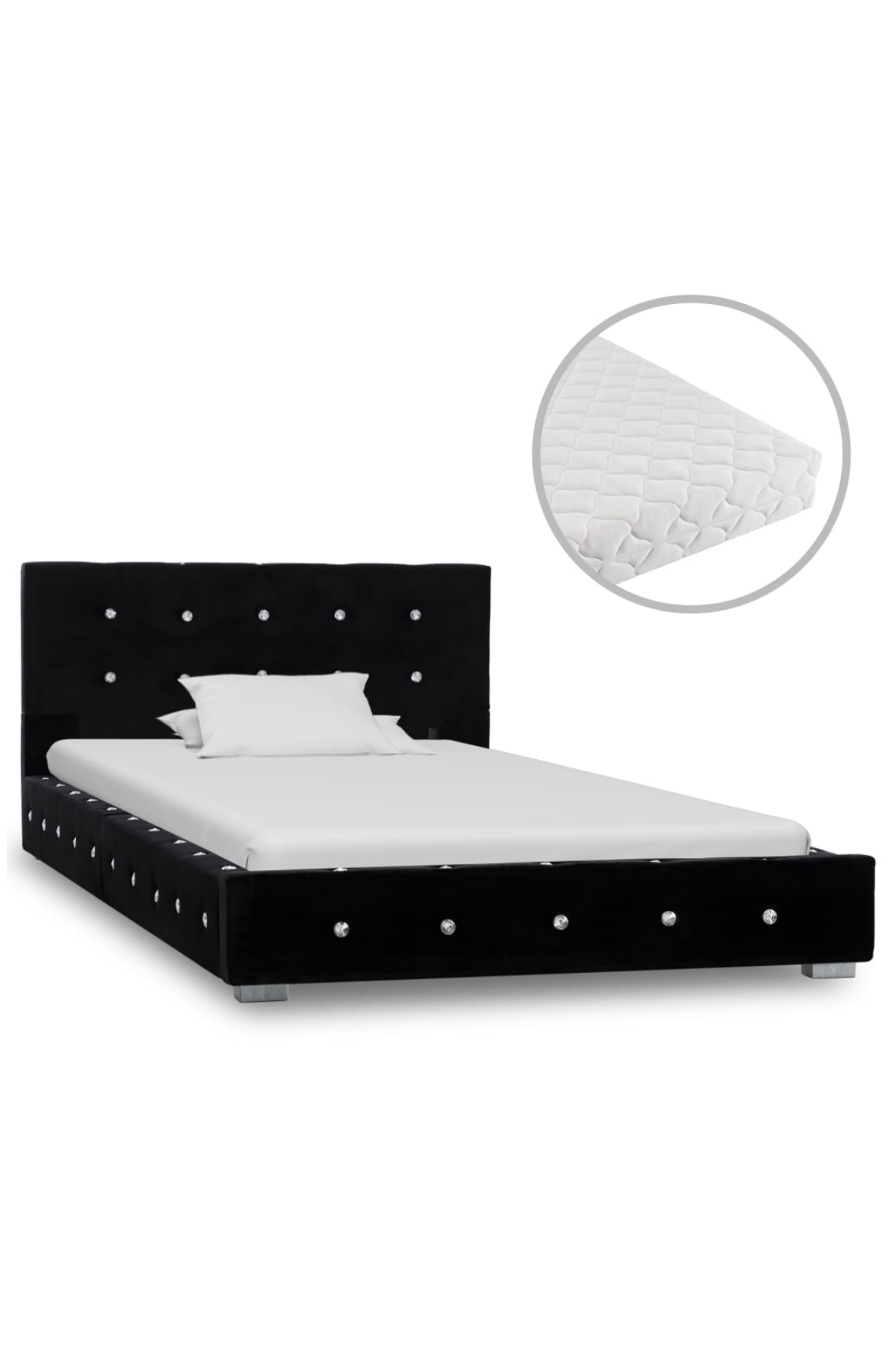 Cama de solteiro com estrutura preta estofada e colchão branco