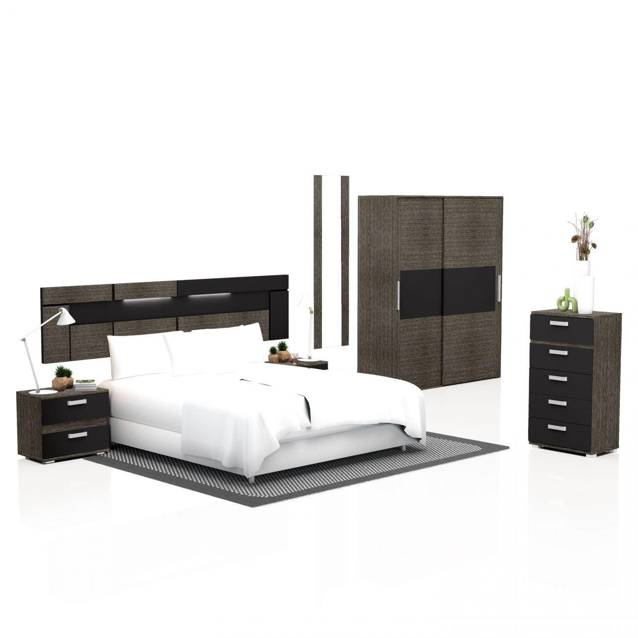 Conjunto de móveis de quarto modernos em madeira escura com cama, mesas de cabeceira, cómoda e armário, sobre tapete cinzento
