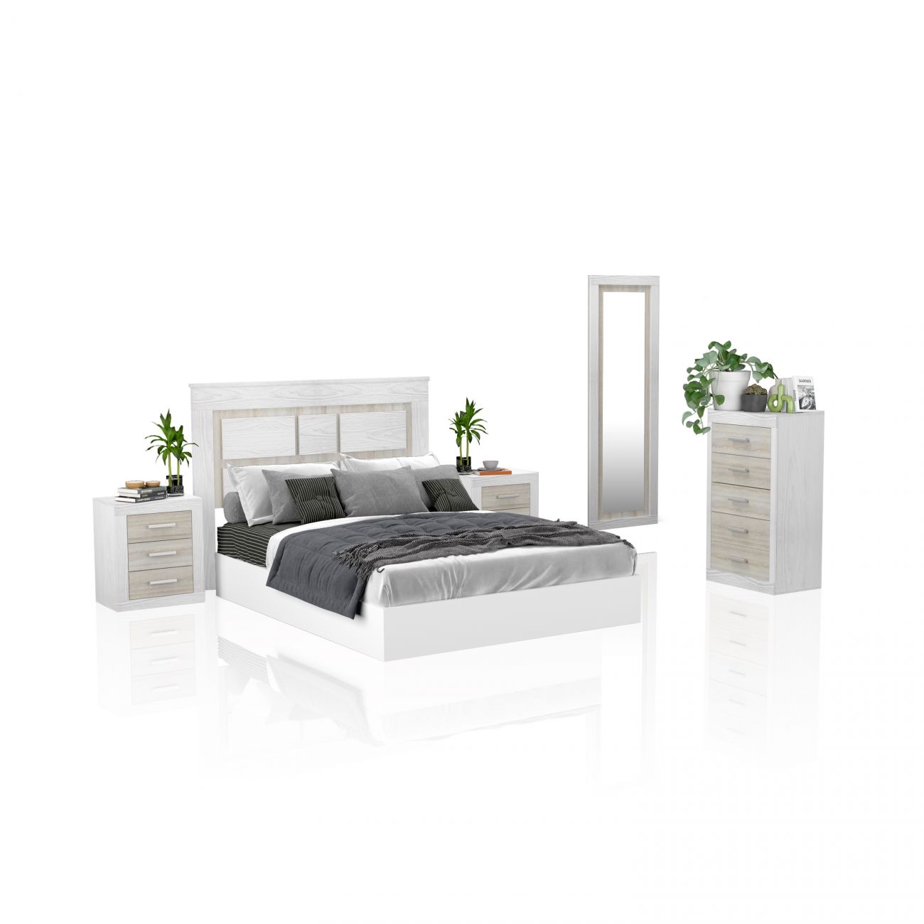 Conjunto de quarto com cama, mesas-de-cabeceira, espelho e cómoda em madeira clara com decoração de plantas