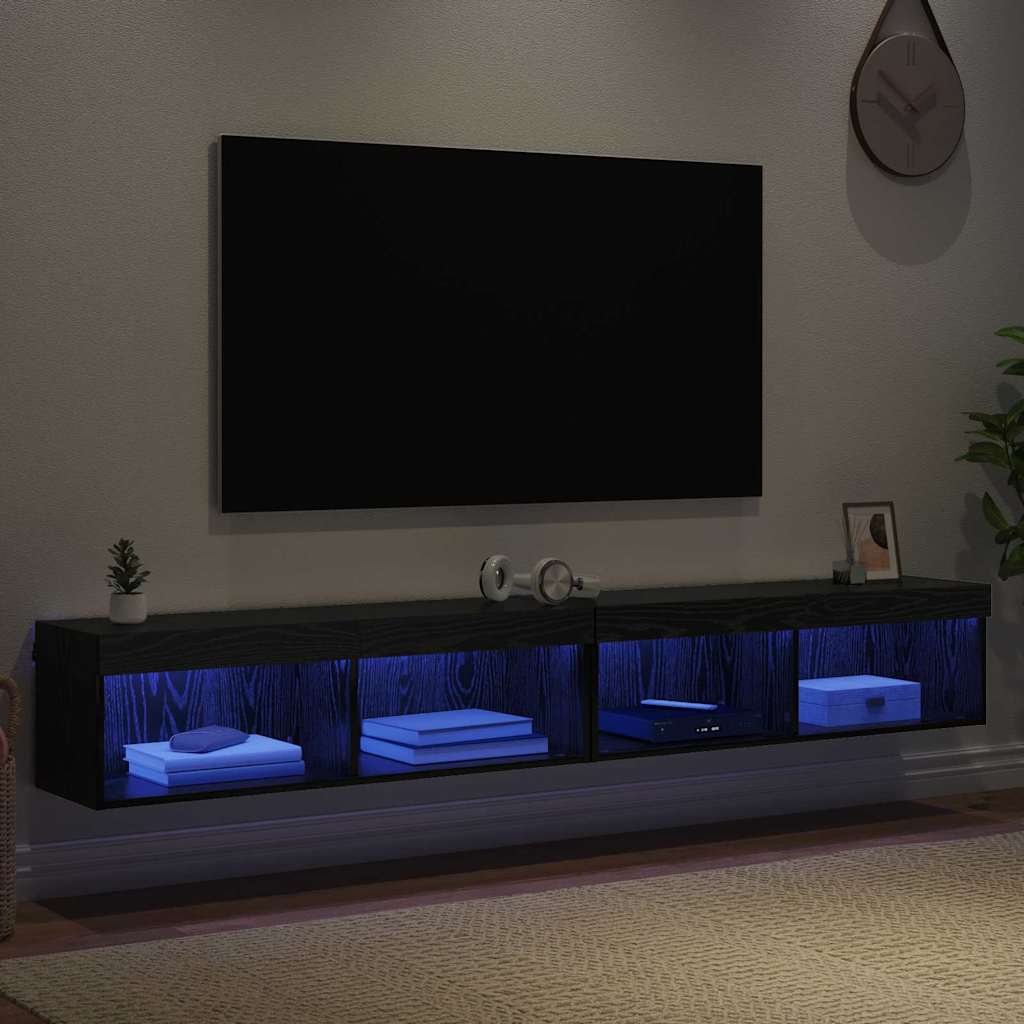 Estante de parede preta com iluminação azul e televisão na parede
