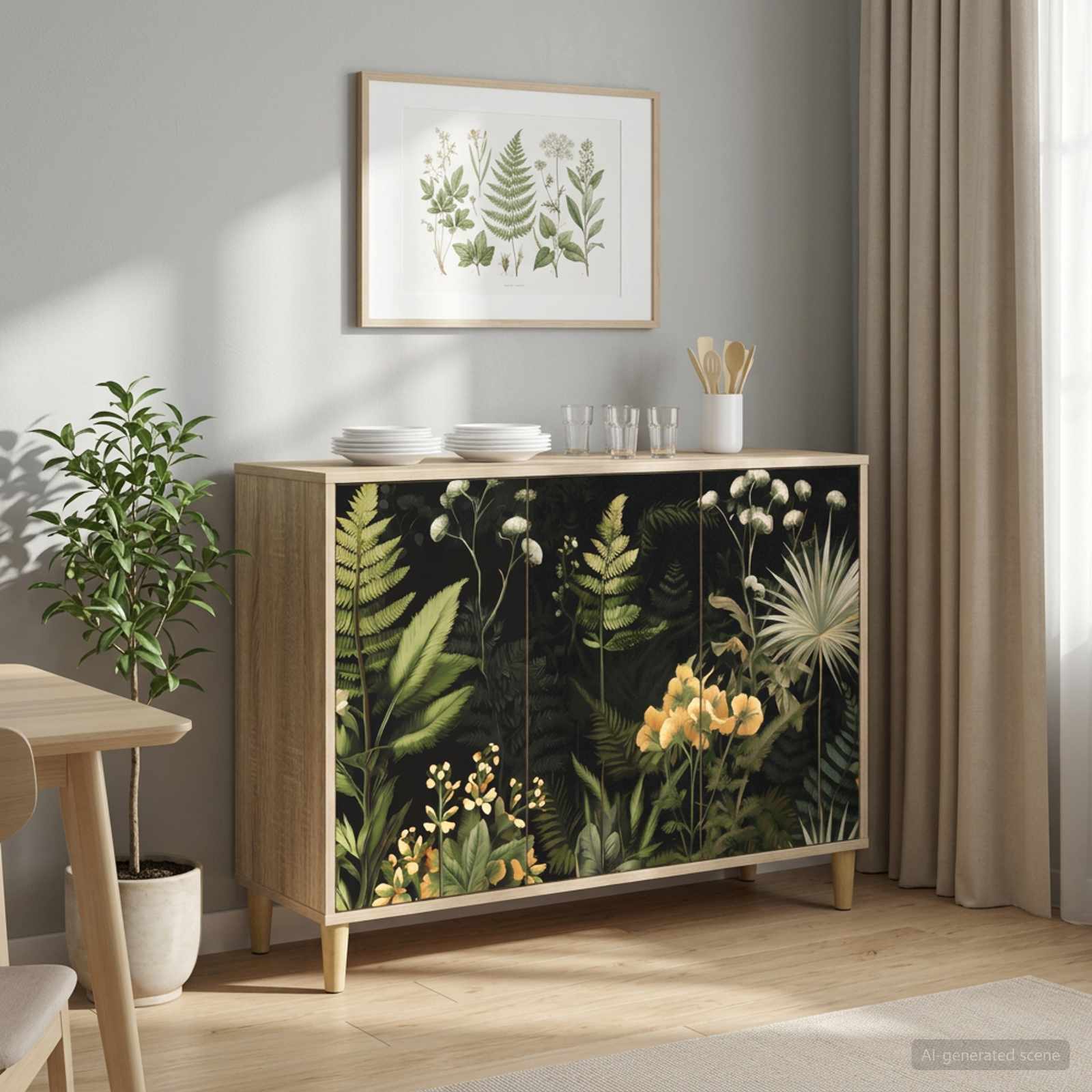 Aparador de madeira claro com padrão de folhas e flores nas portas numa sala com parede cinza e cortinas bege