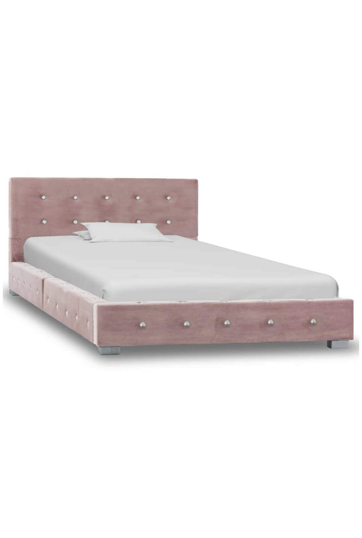 Cama de casal estofada rosa claro com botões prateados e colchão branco