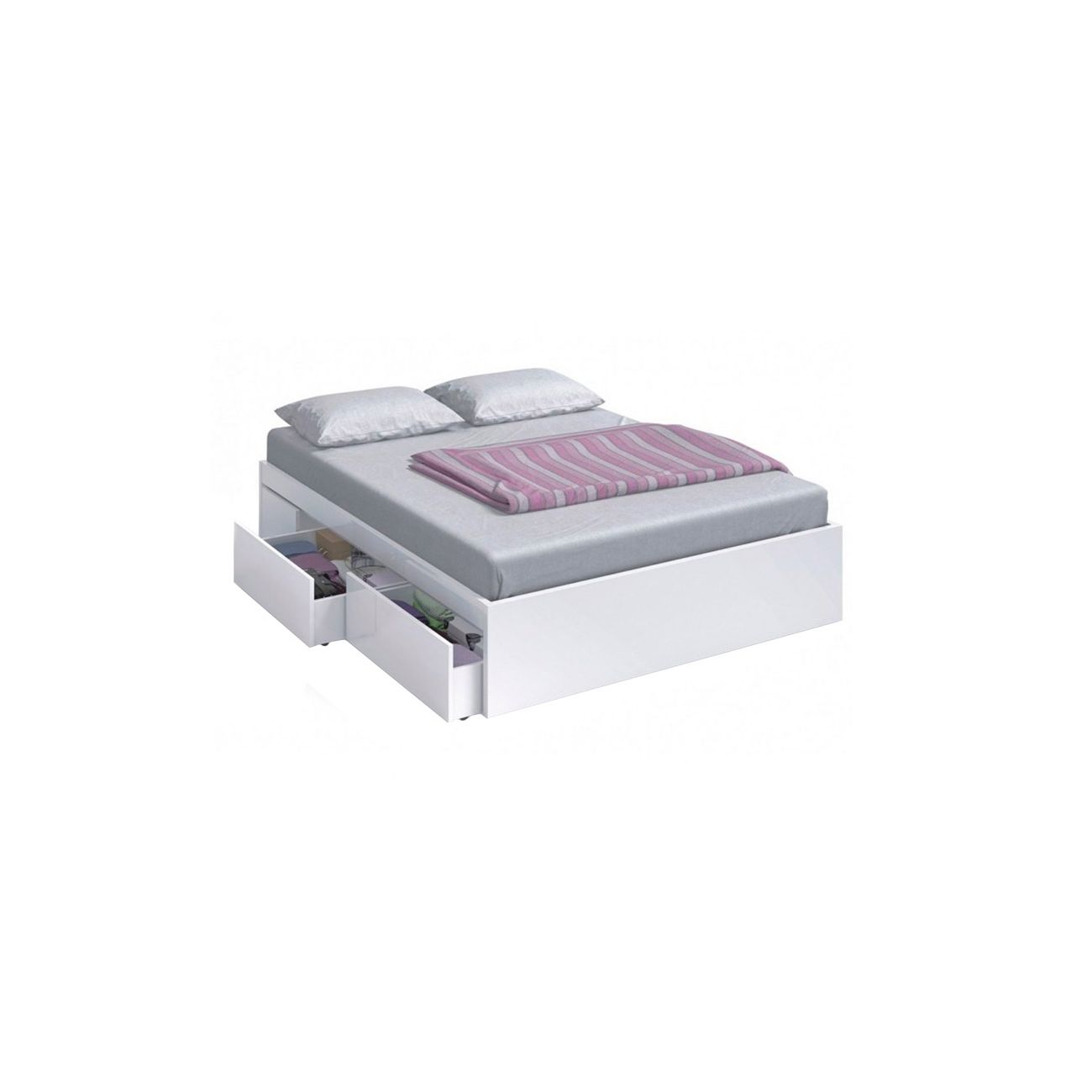 Cama branca com gavetas abertas, colchão cinzento, almofadas cinzentas e manta rosa às riscas