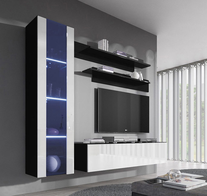 Móvel moderno de sala de estar branco e preto com iluminação azul