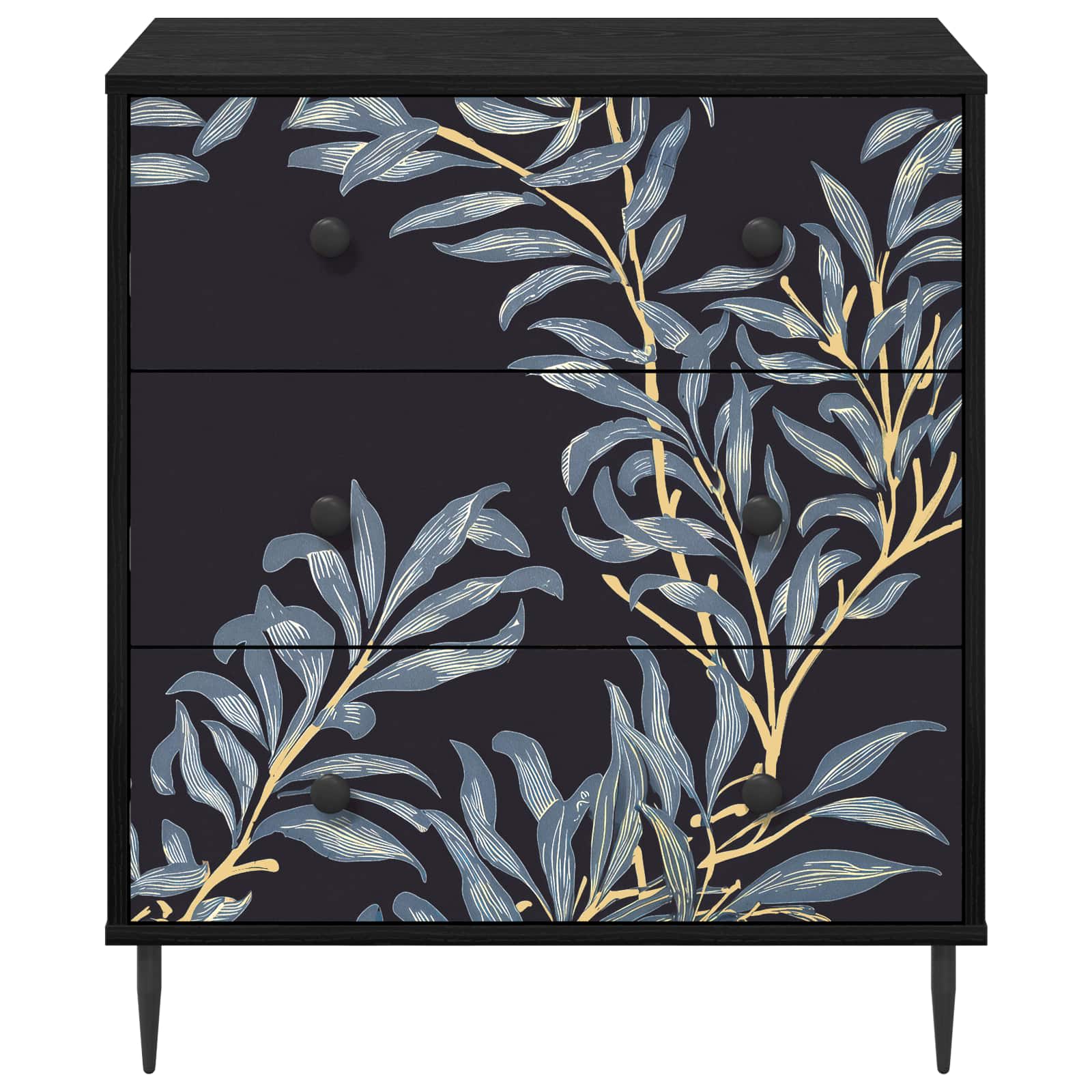 Cómoda preta com padrão de folhas e ramos em azul e amarelo.