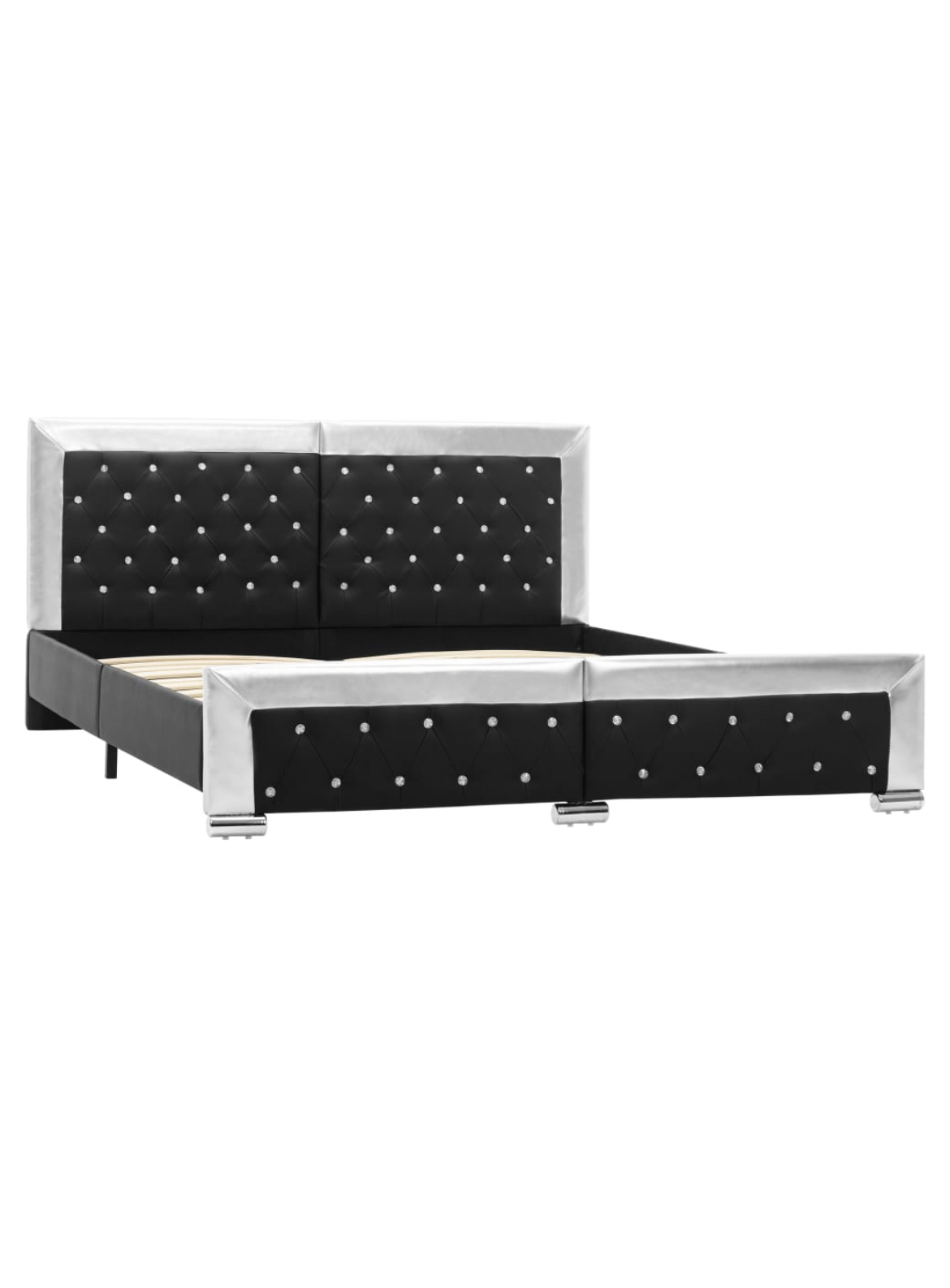 Cama de casal preto com detalhes prateados e botões acolchoados