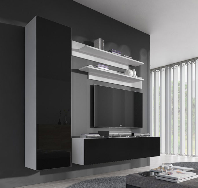 Móveis suspensos modernos em preto e branco numa sala com televisão e janela com cortinas verticais