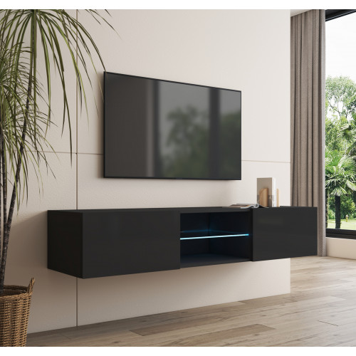 Móvel de TV preto suspenso com iluminação azul e TV montada na parede