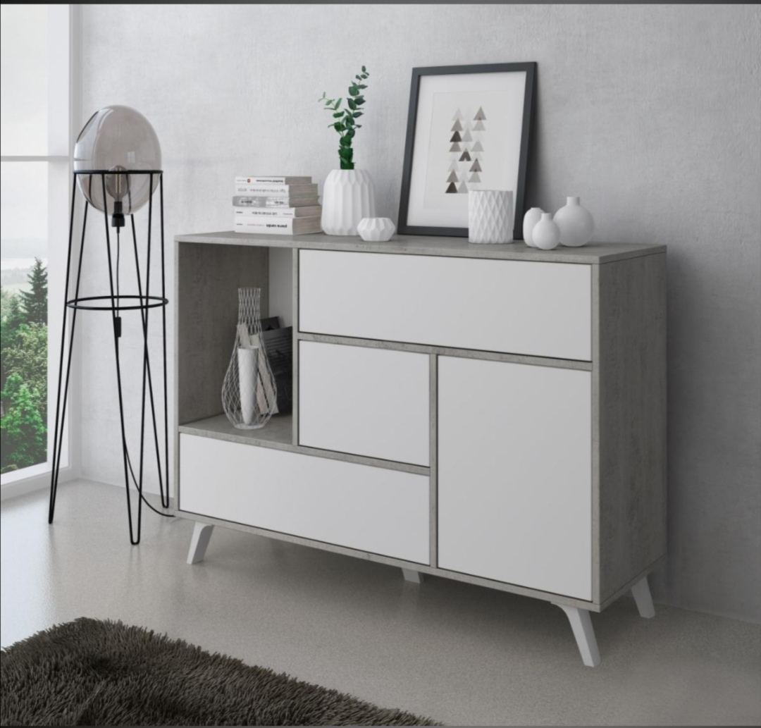 Móvel de arrumação moderno cinza e branco com decoração minimalista