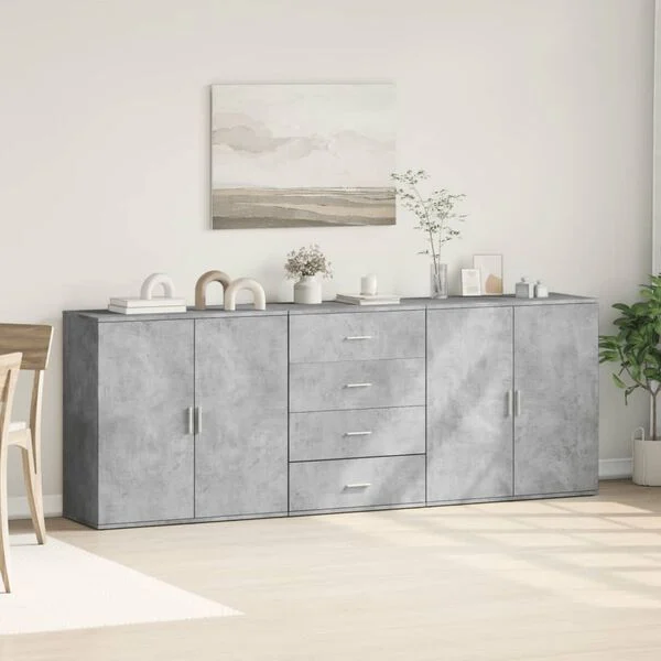 Móvel de arrumação cinza textura cimento com decoração neutra em sala clara