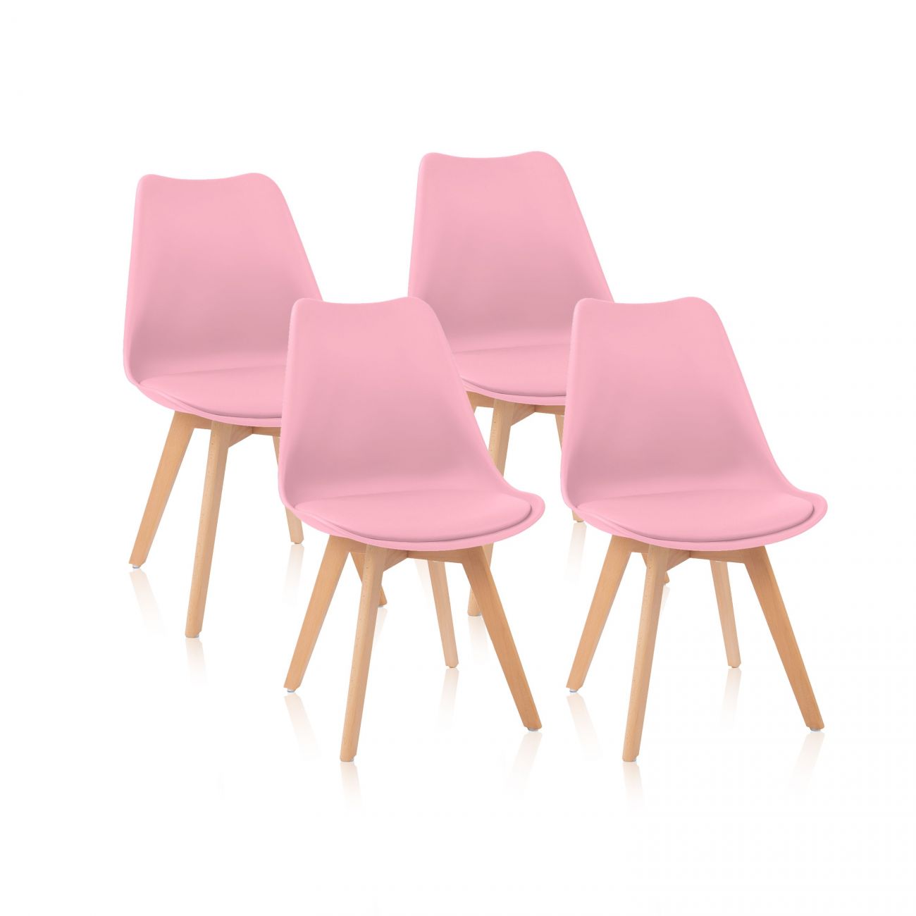 Conjunto de quatro cadeiras cor-de-rosa com pernas de madeira sobre fundo branco