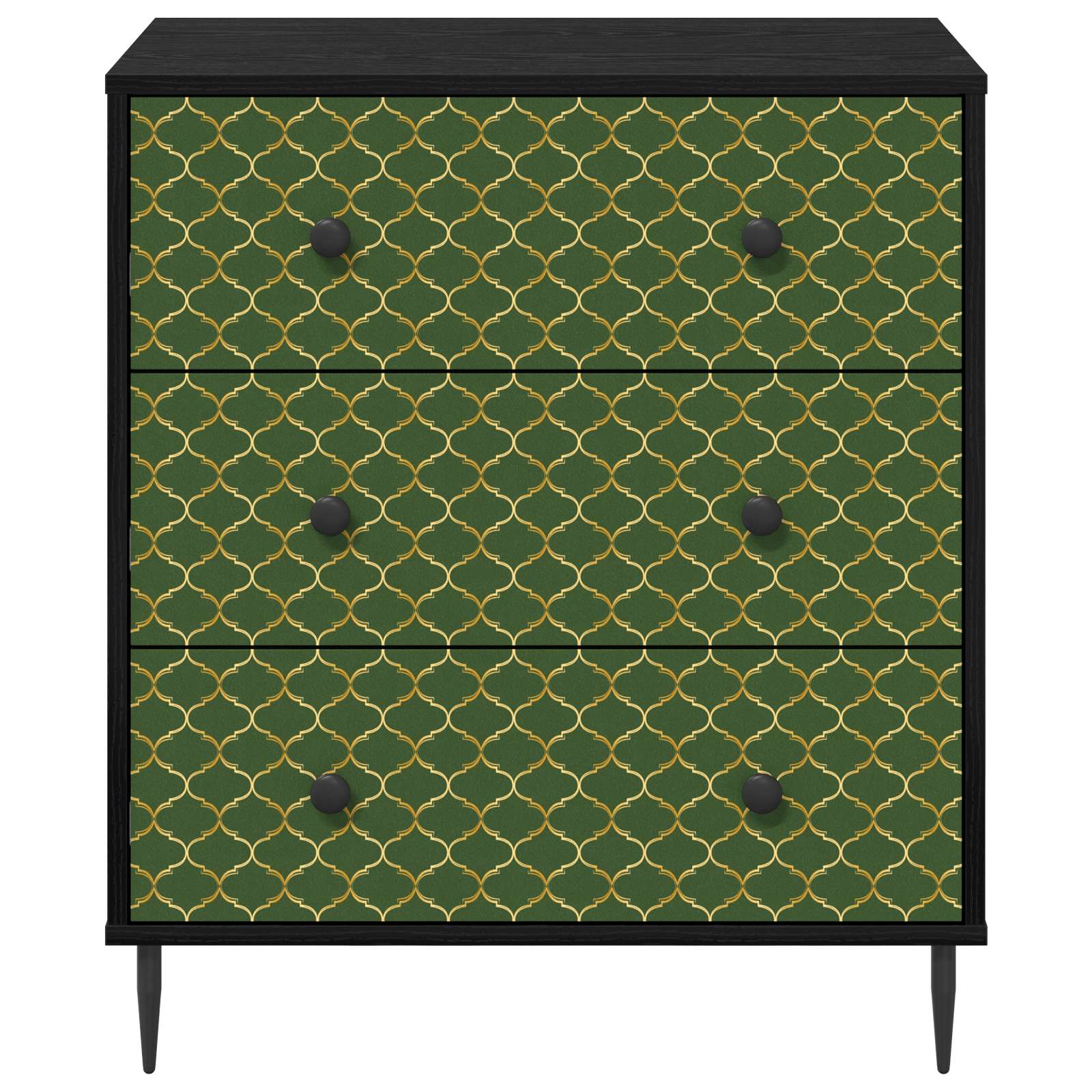 Cómoda verde com padrão dourado e puxadores pretos