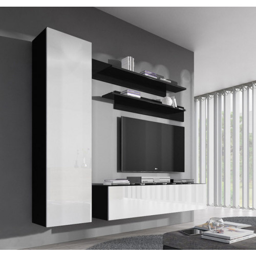 Móvel de sala modular preto e branco com televisão e prateleiras numa parede cinzenta