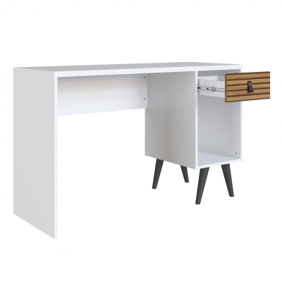 Mesa de escritório branca com gaveta de madeira e pernas pretas