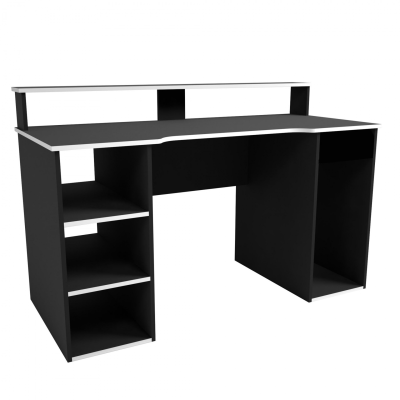 Secretária preta com detalhes brancos e prateleiras abertas