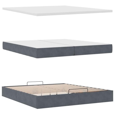 Cama cinzenta com colchão branco e estrado de madeira em fundo branco