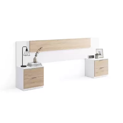 Cabeceira de cama com mesas de cabeceira incorporadas em madeira clara e branco