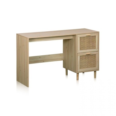 Secretária em madeira clara com duas gavetas de palhinha e puxadores