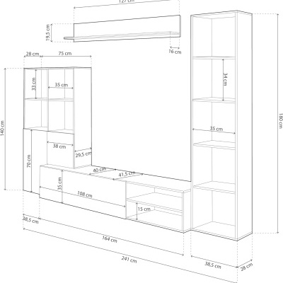 Conjunto de móveis branco para sala com dimensões em centímetros