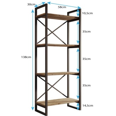 Estante metálica com prateleiras de madeira e medidas indicadas