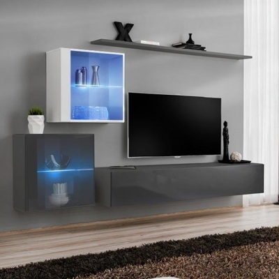 Conjunto de móveis de sala com iluminação LED azul e televisão