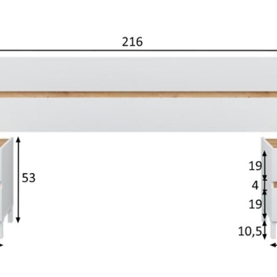Móvel para sala branco com detalhes em madeira clara e dimensões indicadas