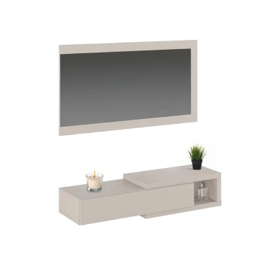 Conjunto móvel e espelho cinza claro com vela e planta decorativa