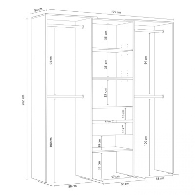 Desenho técnico de guarda-roupa com medidas detalhadas em centímetros