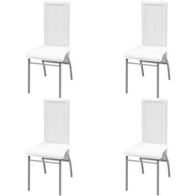 Quatro cadeiras com assento e encosto brancos e estrutura metálica cinzenta