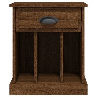 Móvel de madeira castanha escura com gaveta e três divisórias verticais