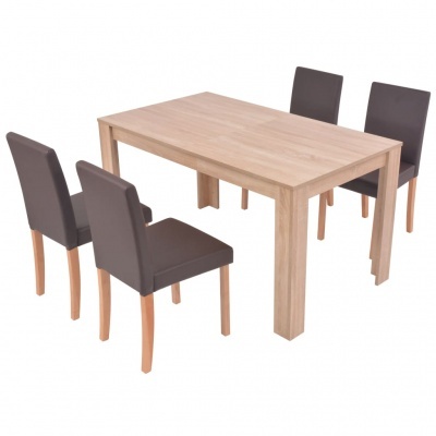 Conjunto de mesa de jantar retangular e quatro cadeiras castanhas com pernas de madeira