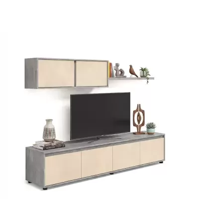 Móvel de sala com TV, prateleira e decoração
