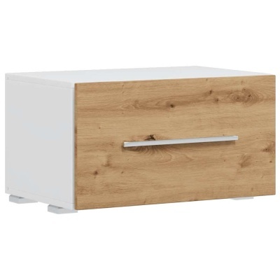 caixa de arrumação branca com frente em madeira clara e pega prateada