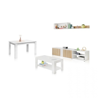 Conjunto de móveis de sala brancos com detalhes de madeira clara e decoração