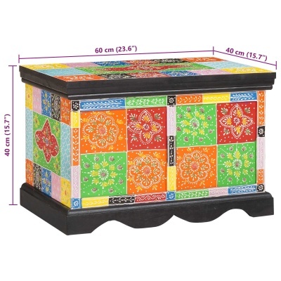 Baú decorativo colorido com padrões florais em quadrados e base preta