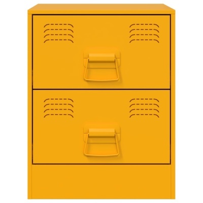 Móvel de arrumação metálico amarelo com duas gavetas e puxadores