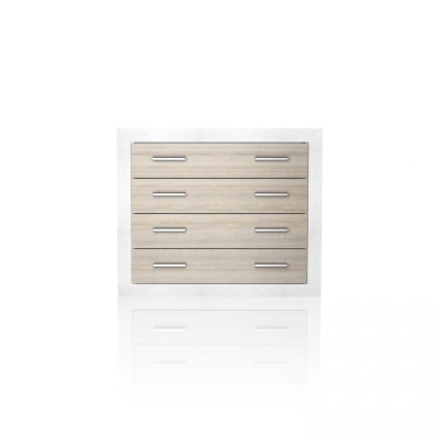 Cómoda de madeira clara com quatro gavetas e puxadores metálicos