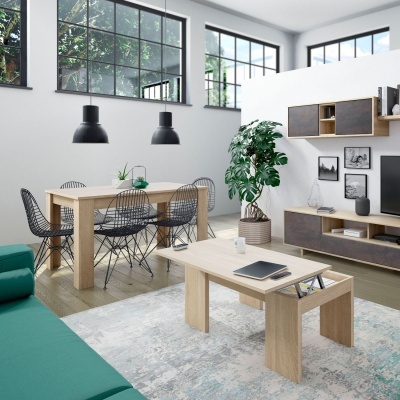 Sala de estar e jantar moderna com móveis em madeira clara, cadeiras pretas e sofá verde