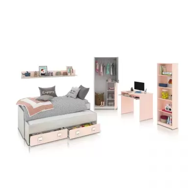 Conjunto de mobília para quarto com cama, armário, secretária e estante em tons de branco e rosa
