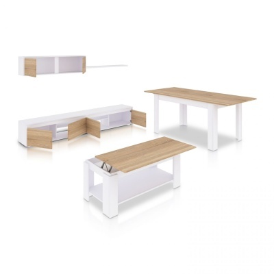 Conjunto de móveis branco e madeira claro com mesa e móvel TV