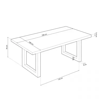 Desenho técnico de uma mesa retangular com dimensões e pernas em forma retangular.