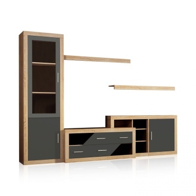 Móvel modular em madeira clara com portas cinza escuro e vidro