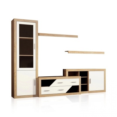 Conjunto de móveis para sala com vitrine, estante suspensa e móvel baixo em madeira clara e branco