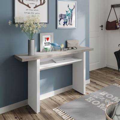 Móvel consola com decoração, vaso com flores, esculturas de pássaros e quadro na parede azul