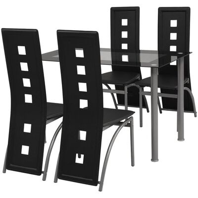 Conjunto de mesa com tampo de vidro e quatro cadeiras pretas com recortes quadrados no encosto