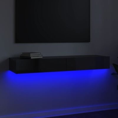 Móvel flutuante preto com luz LED azul sob ele