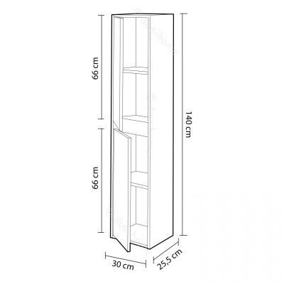 Estante alta branca com três prateleiras e porta, medidas 140x30x25,5 cm