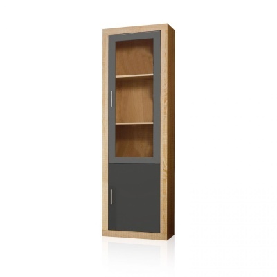 Armário vertical madeira clara com porta de vidro e porta cinza