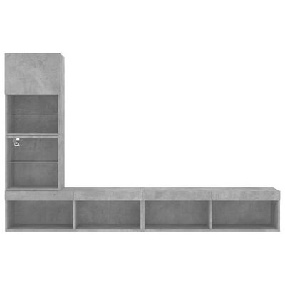 Móvel de televisão modular cinza com compartimentos abertos e porta de vidro