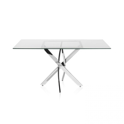 Mesa de vidro com estrutura metálica cromada em forma de X
